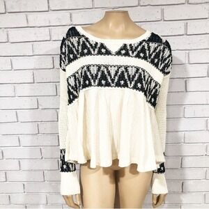 Free People Boho Geometric Knit Sweater Scoop Neck Oversized Babydoll Top | XS